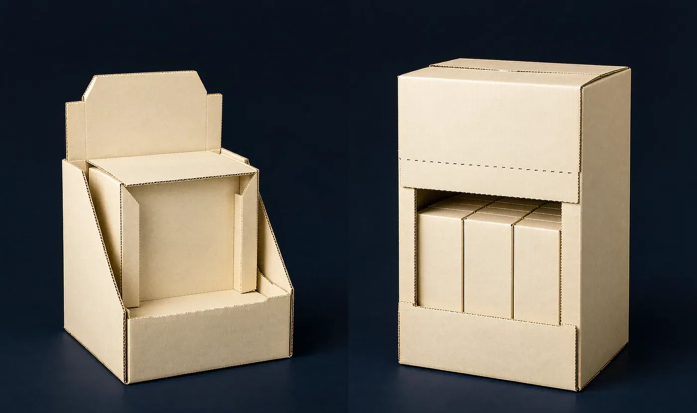 Expositores de Mostrador vs. Packaging Listo para Estantería — Concepto de Diseño Ilustrativo